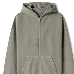 Sweat à capuche zippé intégral de qualité supérieure, délavé à l'acide, brodé, 100 % coton, coupe ample unisexe, décontracté d'hiver, poids moyen, épaules tombantes - Product Image 6