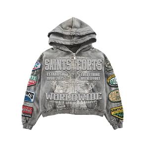 ชุดวอร์มวินเทจสไตล์ย้อมสีแบบแอซิดวอช แต่งลายปัก ยูนิเซ็กซ์ ทรงโอเวอร์ไซส์ ผ้าคอตตอนหนานุ่ม เป็นมิตรกับสิ่งแวดล้อม พร้อมซิปประดับคริสตัล - Product Image 4