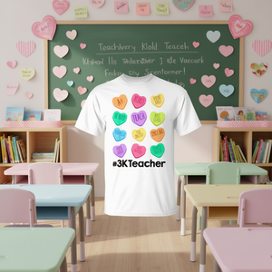 Camiseta 3K Teacher Valentine Hearts con frases de dulces pastel para profesores, regalo escolar, cuello redondo de algodón de manga corta unisex para adultos - Product Image 3