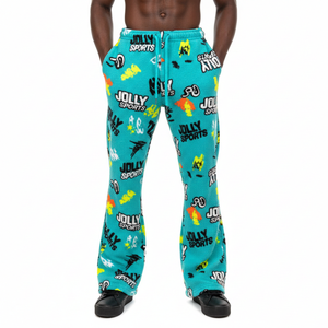 กางเกงขายาวทรงบานผู้ชาย ผ้าฝ้ายฟลีซพรีเมียม 300 GSM สัมผัสนุ่มสบาย สีเขียวอมฟ้า พิมพ์ลายโลโก้ตามสั่งทั่วทั้งตัว - Product Image 1