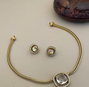 Hermoso y elegante conjunto de colgantes de cadena en tono dorado, hermoso conjunto de collar con pendientes para mujer para ropa de boda para mujer - Product Image 4