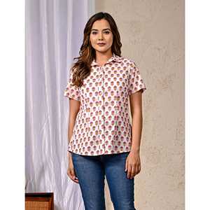 Camisa Blanca de Algodón Estampada de Manga Media para Mujer, Estilo Floral Retro, Popelina Satinada, Larga, Talla XL, para Fiestas de Otoño - Product Image 1