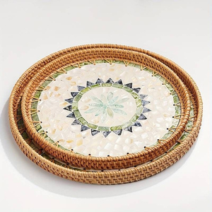 Vente en gros plateau décoratif en rotin plateau de service écologique motif végétal design personnalisé HNH usine OEM plateau en nacre - Product Image 5