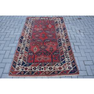 Tapis turc vintage grande surface 4.1 X 6.5ft classique rouge noir motif abstrait laine matériel 10mm Latex pour couloir chambre - Product Image 1