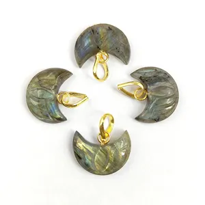 Labradorite Lotus Carving Gemstone Crescent Pendant Gold Vermeil Half Moon Charm Pendant Wholesale Supplier For Making Jewelry