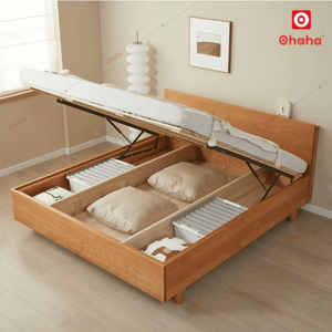 Lit de chambre à coucher en bois industriel moderne haut de gamme avec armoire de rangement, taille réglable, pleine grandeur - OHAHA GC055 - Product Image 2