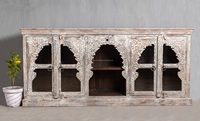 Buffet de style occidental de luxe, en bois massif, avec 4 portes et 3 étagères, buffet en bois rustique blanc