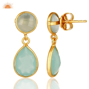 Boucle d'oreille en chalcédoine aqua, boucle d'oreille plaquée or de créateur, fabricant de bijoux en argent - Product Image 3