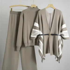 Ensemble 3 pièces en tricot élégant pour femmes pull chic design châle hauts Conjuntos pantalon taille haute à jambes larges - Product Image 6