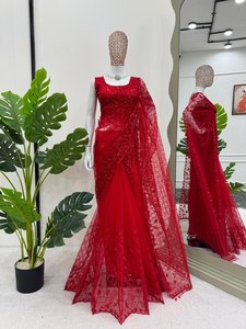 Màu Đỏ Ấn Độ Thiết Kế Tinh Khiết Mềm <span class=keywords><strong>Net</strong></span> Saree, Đẹp Thêu Làm Việc Và Trình Tự Làm Việc Biên Giới Cho Đám Cưới Và Bên Mặc - Product Image 6