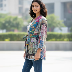 <b>Kimono</b> Kantha Stone Wash Jacket Handmade Indian Floral Pattern Robe Quilted and Breathable Coat Autumn Winter - Product Image 4