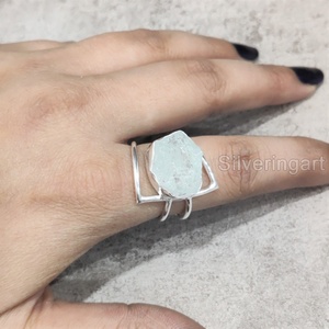 Joyería de piedra en bruto Anillo de mujer Aguamarina natural Piedra preciosa cruda Piedra natal de marzo Joyería de doble banda Anillo de plata esterlina 925 - Product Image 2