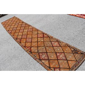 Alfombra Turca Vintage de 2.7x12.6 pies (81x383 cm), Alfombra Herki Naranja Marrón Ombré - Product Image 4
