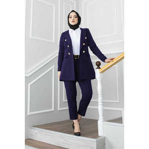 Conjunto de Hiyab Azul Marino con Detalle de Botones, Cuello con Pañuelo y Adornos Elegantes - Product Image 1