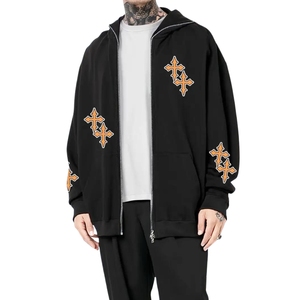 Men's Winter Thermal Loose-Fit Full Zip Hoodie with Print Cross Patches Comfortable and Lightweight for Casual Streetwear Style - Product Image 1