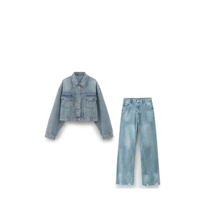 Haut décontracté à col rabattu pour femmes ensemble deux pièces streetwear taille haute pantalon en denim pour femmes - Product Image 1