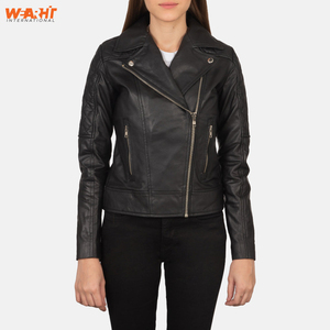 Chaqueta de motorista de cuero genuino para mujer con estilo, cremallera asimétrica, cuello alto ajustado, cierre de cremallera transpirable, prendas de vestir exteriores negras - Product Image 1