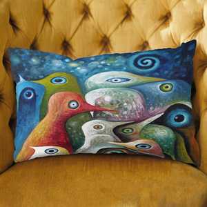 Coussin imprimé moderne avec oiseaux abstraits bleus, coussin décoratif au ciel étoilé surréaliste, 12"x24" - 30x60 cm - Product Image 5