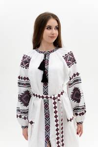 Robe longue brodée florale à manches longues et col en V pour femmes 100% coton tissé à la taille d'automne avec manchette à lacets et col en V - Product Image 2