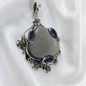 Pendentif multi-pierres en argent sterling 925 brillant en argent naturel obsidienne améthyste pierres précieuses plaqué or diamant pierre principale cadeau - Product Image 3