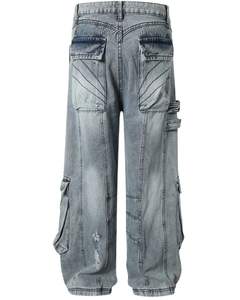 Women Light Grey Distressed Cargo Jeans Wide Leg Denim Pants Streetwear Baggy Fit Multi Pocket <b>Vintage</b> Wash Fashion <b>Trousers</b> - Product Image 2