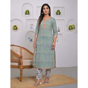 Conjunto de pantalón y kurta de algodón informal de verano, color verde marino, estampado en bloques, para mayor comodidad y estilo. - Product Image 5