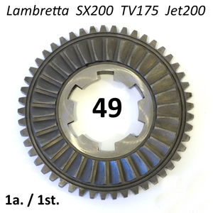 Piñón de primera velocidad de 49 dientes fabricado en Italia para Lambretta SX200 + TV175 + Jet200 - Product Image 1