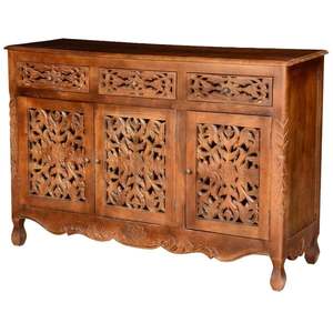 Buffet d'époque en teck massif réglable fait à la main avec 3 tiroirs et portes sculptées, design antique pour hôtel, cuisine, Java - Product Image 1