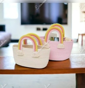 ชุดตะกร้าผ้าทอ2ชิ้นตะกร้าเชือกคอตตอนพร้อมที่จับทนทานชุดแฟชั่นฤดูร้อนของผู้หญิง - Product Image 6