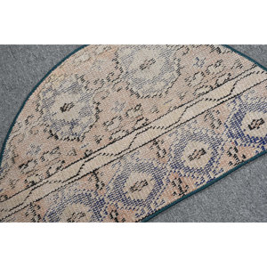 พรมขนสัตว์ตุรกี1.5ft วินเทจสีเบจและน้ำเงินดีไซน์แบบเย็บปะติดปะต่อกันแผ่นยางรองแบบสานเรียบสำหรับตกแต่งห้องนั่งเล่น - Product Image 5