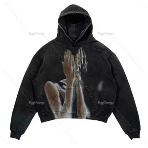 Wholesale Black Regular Fit <b>Gothic</b> <b>Hoodie</b> Red Distressed Pullover Sweatshirt Heavyweight Streetwear Casual Hooded 100% Men's - Product Image 4