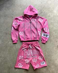 Summer Distressed Vintage Jogger Short Sets Heavy Weight 2 Pieces Zip up Hoodies Shorts Set Tracksuit - Product Image 3