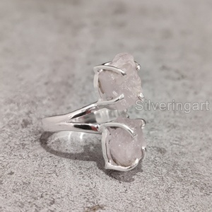 Joyería de piedra en bruto de exportación, anillo de mujer, piedra preciosa Natural cruda de cuarzo rosa, piedra natal de abril, piedra doble, anillo de Plata de Ley 925 - Product Image 4