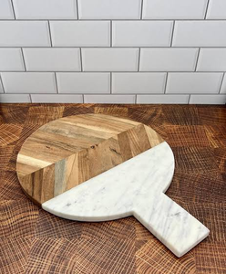 Tabla de cortar de madera y mármol para verduras y frutas, fácil de limpiar, tabla de cortar redonda de madera y mármol con asa - Product Image 1
