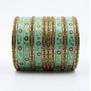 Juego de 12 brazaletes de laca Meenakari con diseño floral verde menta para bodas - Product Image 2