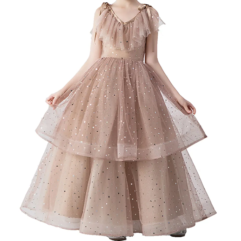 Summer Casual Sleeveless Ruffled Dress for 12 Year Old Girl Sequined Pattern on Solid Clothing Long Dress for Young Girls