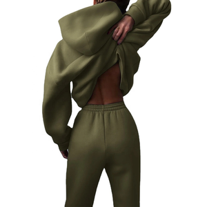 Survêtement pour femmes avec logo personnalisé Ensemble sweat à capuche 350gsm Vente en gros Ensemble deux pièces de sweats à capuche et pantalons de survêtement pour femmes - Product Image 4