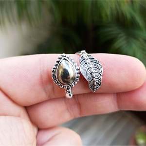 Handmade Boho Leaf <b>Ring</b> Natural Pyrite Pear-Shaped <b>Sterling</b> <b>Silver</b> <b>Adjustable</b> Cocktail <b>Ring</b> Women's Jewelry Gift for Birthday - Product Image 5