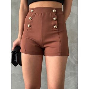 Topshow Women's Dark Brown Decorative Button Wholesale Shorts - Stylish Polyester Casual Summer Wear - Product Image 2