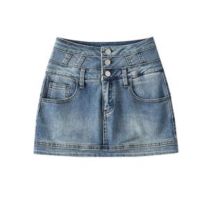 กระโปรงผ้ายีนส์ Y2K สีทึบสไตล์วินเทจสำหรับสตรีทแวร์น่ารักสำหรับฤดูร้อนแต่งโลโก้ตรงเอวสำหรับฤดูใบไม้ผลิและใบไม้ร่วง - Product Image 4