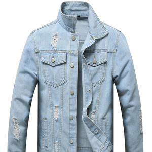 Abrigo vaquero de manga larga para hombre, informal, personalidad, Color sólido, chaqueta rasgada con cuello vuelto, venta al por mayor y personalizada - Product Image 1