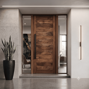 Puerta de entrada interior de madera de ingeniería con marco sólido de Merbau, listones horizontales, puerta principal exterior/interior con manija larga negra. - Product Image 5