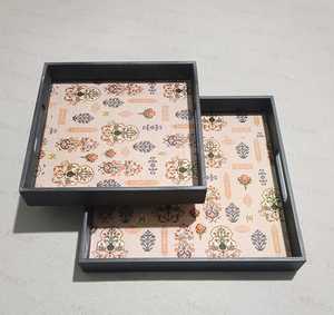 Classic Art Enamel Printed <b>Wooden</b> Tray Set Stylish Serving Trays with Elegant Plant Pattern for Decorative and Functional Use - Product Image 1