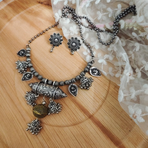 Direct From Indian Supplier Best Selling High Quality High Grade Mannat <b>Long</b> Oxidized Necklace and Stud <b>Earrings</b> Set - Product Image 2