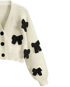 Manufacturer Customized <b>Women</b> <b>White</b> Cropped Knit <b>Cardigan</b> Sweater With Black Bow Appliques V Neck Button Front Fashion Winter - Product Image 2