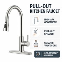 Robinet de cuisine moderne en acier inoxydable brossé, extractible, à levier unique, à arc haute, rotation à 360°, avec cartouche céramique, anti-éclaboussures