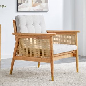 Solid Wood Rattan Dining <b>Chair</b> Upholstered Accent Armchair Modern Home Furniture - Product Image 2