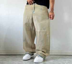 Jeans en denim ample à jambe droite pour homme, style streetwear, lettres tissées, délavage déchiré, séchage rapide, taille mi-haute, logo personnalisé, couleur personnalisée - Product Image 2