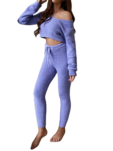 Conjunto de Suéter de Alta Calidad para Mujer, Conjunto de 2 Piezas de Moda Invernal con Top Corto de Manga Larga y Leggings de Tela Teddy de Alta Calidad 2026 - Product Image 5