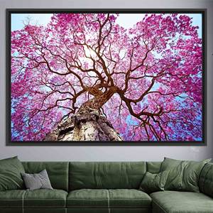 Toile imprimée : art mural paysager floral avec arbre à fleurs roses, toile encadrée noire - Product Image 1